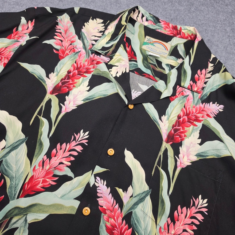 Paradise Found Hawaiian Shirt Mens 2XL Red Ginger Floral Black Rayon Made Hawaii
